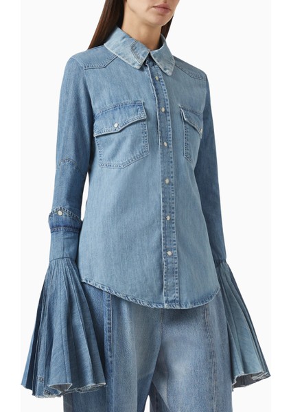 Mode Recycled Denim Bell-Sleeve Lüks Kadın Gömlek