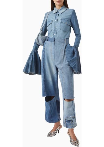 Mode Recycled Denim Bell-Sleeve Lüks Kadın Gömlek fiyatları