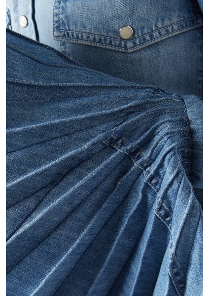 Mode Recycled Denim Bell-Sleeve Lüks Kadın Gömlek fırsatları