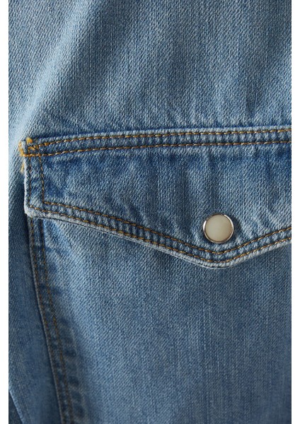 Mode Recycled Denim Bell-Sleeve Lüks Kadın Gömlek indirimleri