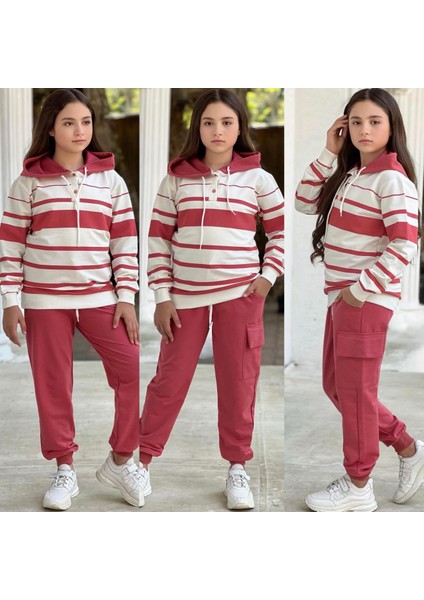 Kapüşonlu Lastikli Paça Full Likra Kışlık Alt Üst Kız Çocuk Eşofman Takımı-Bayramlık