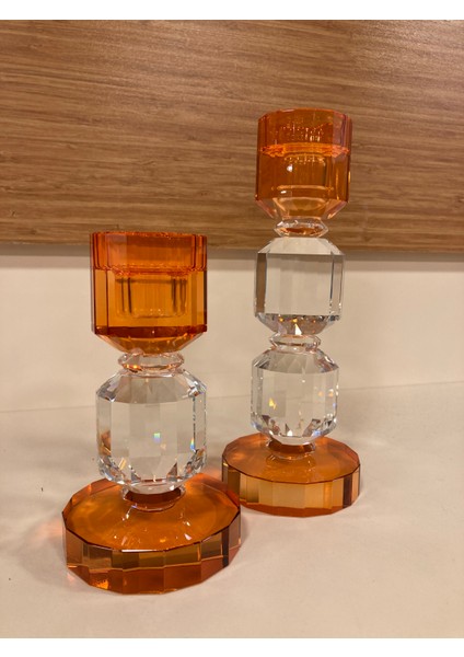 Şamdan Mumluk 2'li Kristal Boğum Model Turuncu Renk Yükseklik 21-15 cm Çap 8 cm