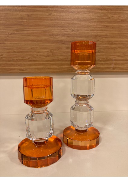 Şamdan Mumluk 2'li Kristal Boğum Model Turuncu Renk Yükseklik 21-15 cm Çap 8 cm modelleri