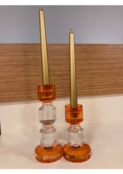 Şamdan Mumluk 2'li Kristal Boğum Model Turuncu Renk Yükseklik 21-15 cm Çap 8 cm indirimleri