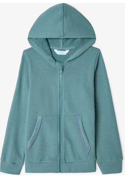 Koyu Yeşil Kız Çocuk Biye Detaylı Kapüşonlu Oversize Sweatshirt