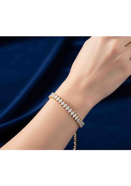 Trend Marquise Kesim Çelik Taşlı Bileklik / Zirkon Taşlı Su Yolu Bilezik