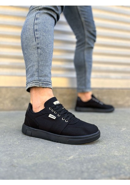 JY0118 Rex Bağcıklı Keten Kumaş Erkek Günlük Sneaker Ayakkabı Kst - Siyah