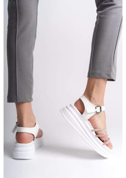 Eva Kalın Tokalı Taşlı Şeritli Ortopedik Taban Kadın Sandalet Cbt - Beyaz modelleri