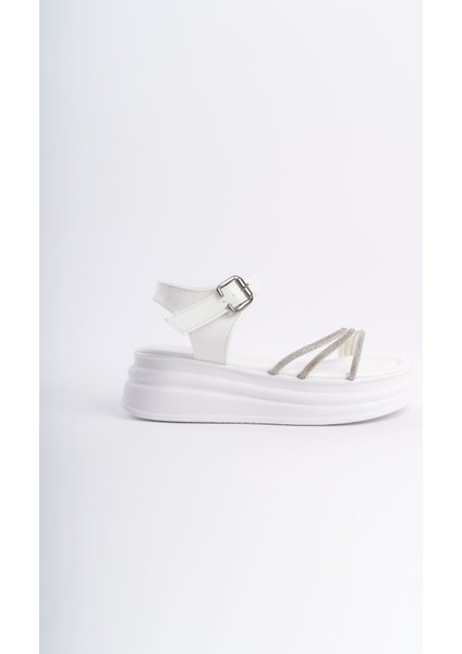 Eva Kalın Tokalı Taşlı Şeritli Ortopedik Taban Kadın Sandalet Cbt - Beyaz