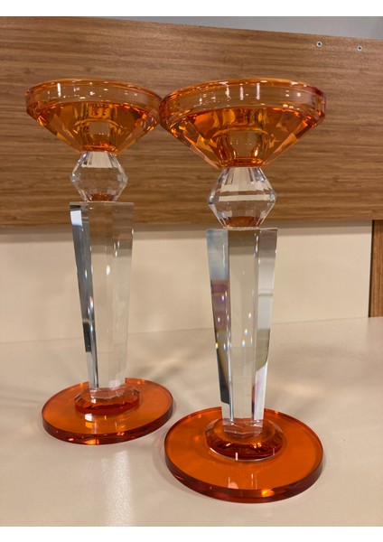 Şamdan Mumluk 2'li Kristal Piramit Model Turuncu Renk Yükseklik 24 ve 22 cm Çap 10 cm