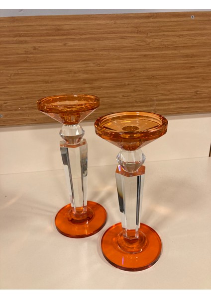 Şamdan Mumluk 2'li Kristal Piramit Model Turuncu Renk Yükseklik 24 ve 22 cm Çap 10 cm fiyatları