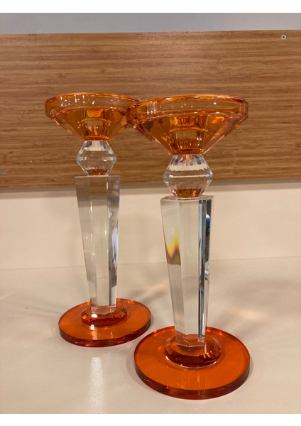 Şamdan Mumluk 2'li Kristal Piramit Model Turuncu Renk Yükseklik 24 ve 22 cm Çap 10 cm modelleri
