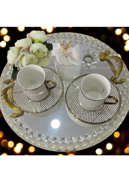 Tacir 2’li Gold Çizgili Lüks Kahve Fincan Takımı | Porselen Türk Kahvesi Fincanı Seti