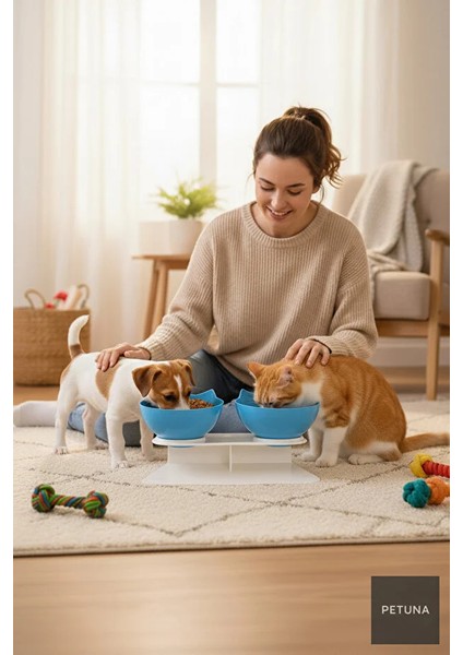 Iki Hazneli Kedi Kafalı Beyaz Standlı Kedi Mama ve Su Kabı 350 ml