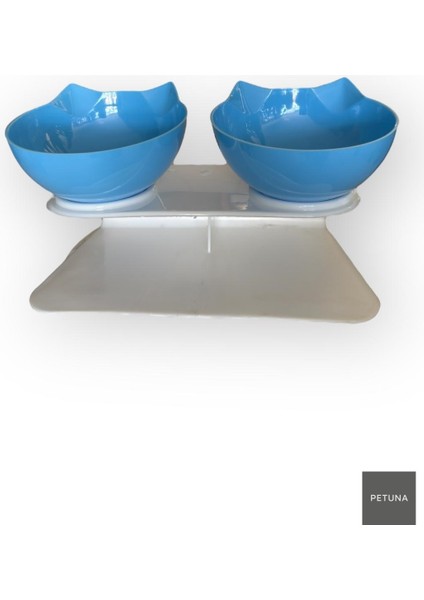 Iki Hazneli Kedi Kafalı Beyaz Standlı Kedi Mama ve Su Kabı 350 ml