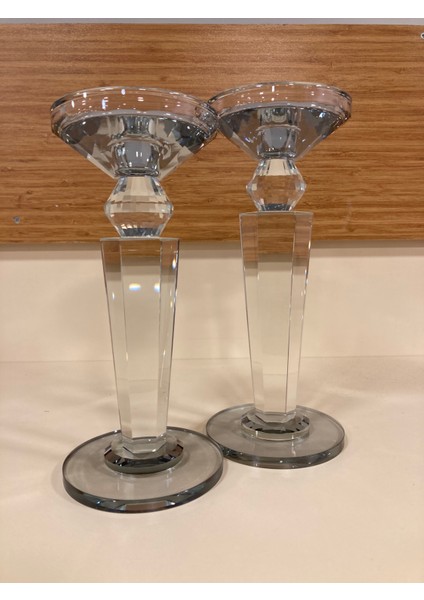 Şamdan Mumluk 2'li Kristal Piramit Model Füme Renk Yükseklik 24 ve 22 cm Çap 10 cm