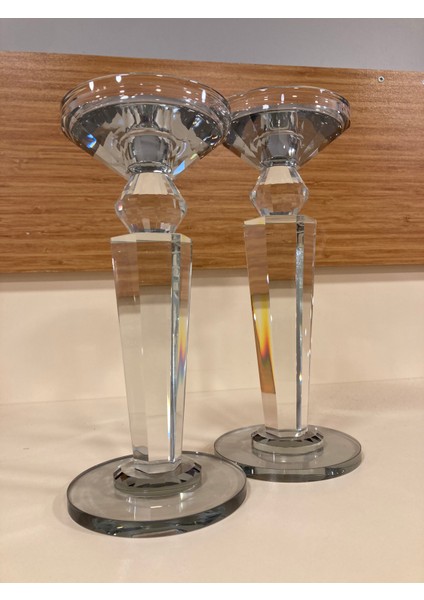 Şamdan Mumluk 2'li Kristal Piramit Model Füme Renk Yükseklik 24 ve 22 cm Çap 10 cm modelleri