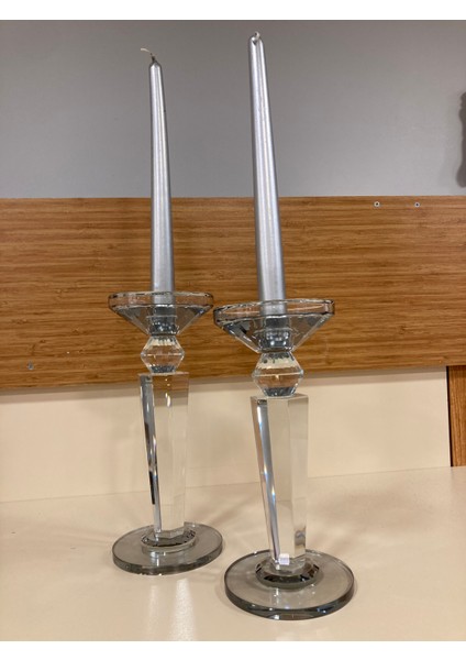 Şamdan Mumluk 2'li Kristal Piramit Model Füme Renk Yükseklik 24 ve 22 cm Çap 10 cm fırsatları
