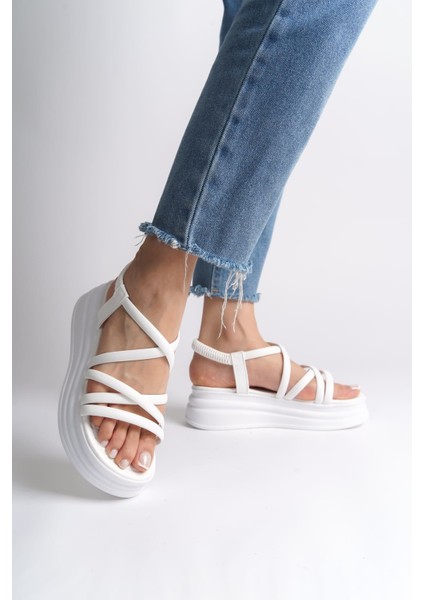 Bella Lastikli Şerit Detaylı Ortopedik Taban Kadın Sandalet Cbt - Beyaz