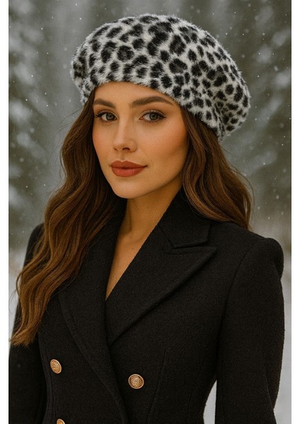 Leopar Desen Yumuşak Tüylü Fransız Ressam Bere – Kışlık Şık Kadın Bere Modeli
