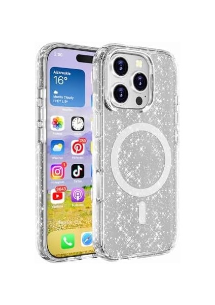 ile Uyumlu 16 Pro Kılıf M-Safe Şarj Özellikli Parlayan Simli Saydam Renkli Allstar Kapak Şeffaf