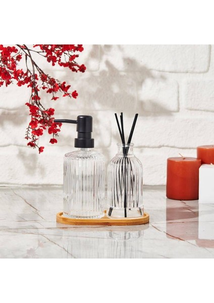 Cam Sıvı Sabunluk & Çubuklu Oda Kokusu Şişesi ve Ahşap Stand