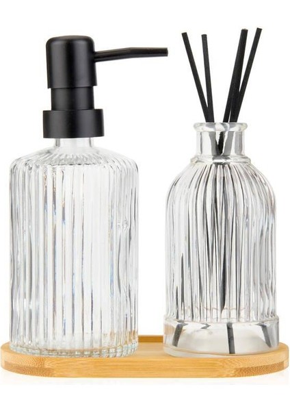 Cam Sıvı Sabunluk & Çubuklu Oda Kokusu Şişesi ve Ahşap Stand fiyatları