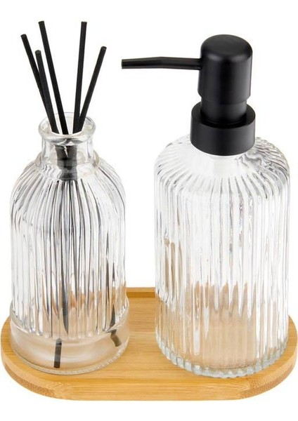 Cam Sıvı Sabunluk & Çubuklu Oda Kokusu Şişesi ve Ahşap Stand modelleri