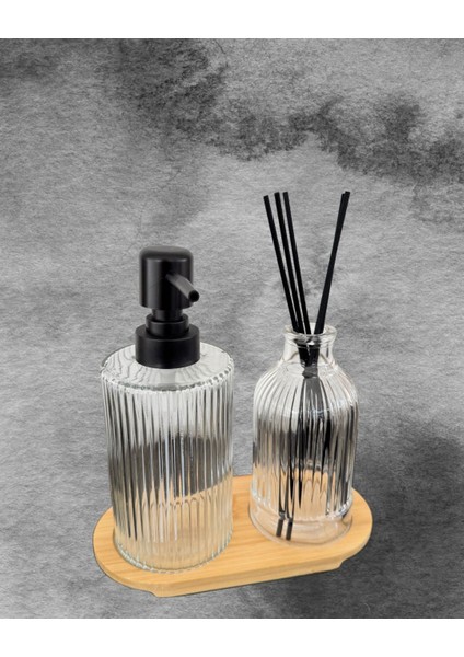 Cam Sıvı Sabunluk & Çubuklu Oda Kokusu Şişesi ve Ahşap Stand indirimleri