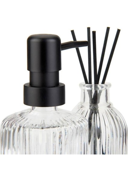Cam Sıvı Sabunluk & Çubuklu Oda Kokusu Şişesi ve Ahşap Stand