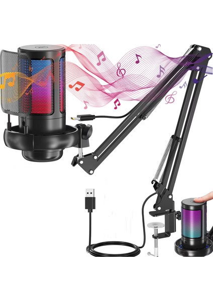 Profesyonel Rgb Podcast Youtuber Gamer Oyuncu Yayıncı Condenser Mikrofonu ve Masa Standı Işıklı