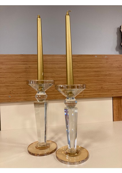 Şamdan Mumluk 2'li Kristal Piramit Model Bal Rengi Yükseklik 24VE22 cm Çap 10 Cmyü