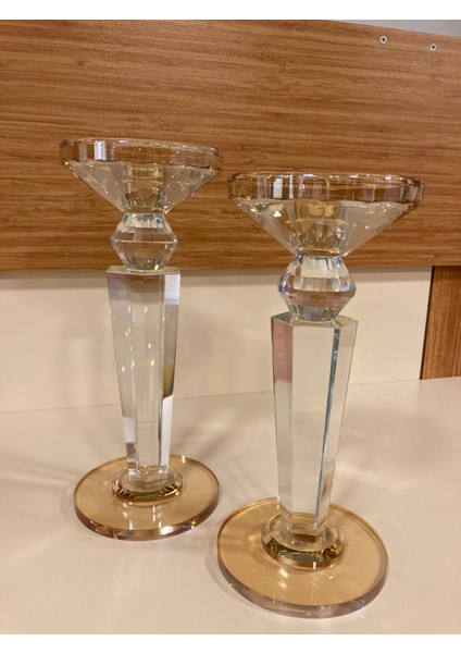 Şamdan Mumluk 2'li Kristal Piramit Model Bal Rengi Yükseklik 24VE22 cm Çap 10 Cmyü modelleri