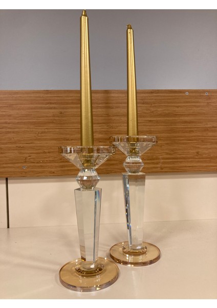 Şamdan Mumluk 2'li Kristal Piramit Model Bal Rengi Yükseklik 24VE22 cm Çap 10 Cmyü fırsatları
