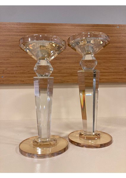 Şamdan Mumluk 2'li Kristal Piramit Model Bal Rengi Yükseklik 24VE22 cm Çap 10 Cmyü indirimleri