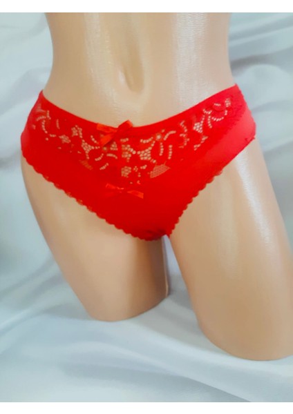 yeniyıl Kırmızı %90 Cotton %10 Elastan Ön Çift Kurdela Detaylı Dantelli Arkası Yarım Dantelli Kadın Fantazi Külot