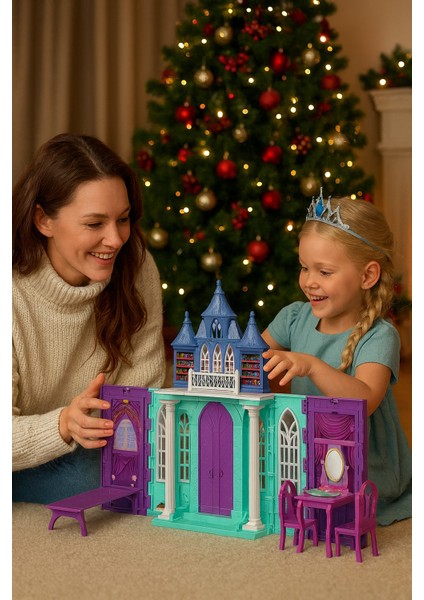 Taşınabilir Bebekli Buzlar Kraliçesi Şato Oyun Seti 86X63CM 3 Yaş Üstü Mavi Aksesuarlı Çocuklar Için