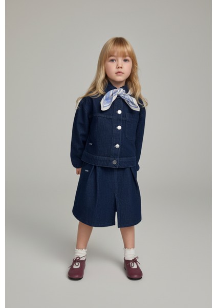 Kız Çocuk Pamuklu Denim Ceket ve Pileli Denim Etek Takım