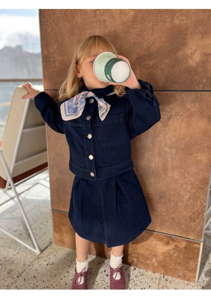 Kız Çocuk Pamuklu Denim Ceket ve Pileli Denim Etek Takım modelleri