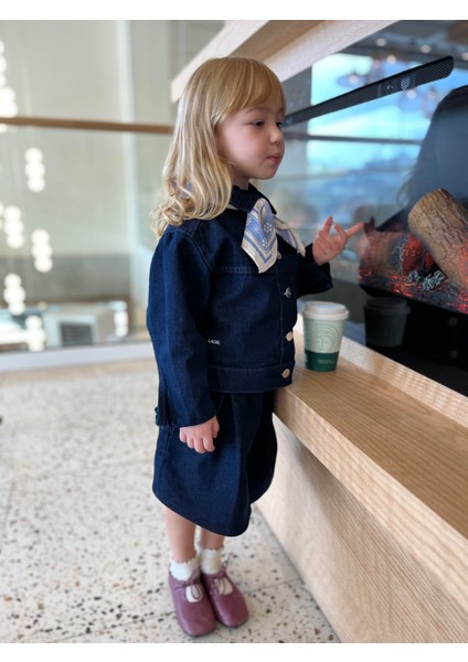 Kız Çocuk Pamuklu Denim Ceket ve Pileli Denim Etek Takım
