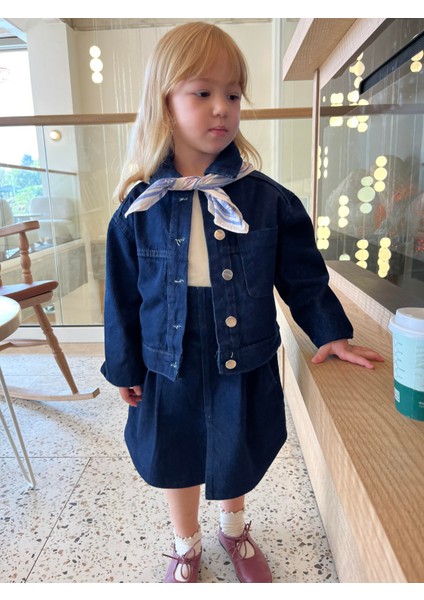 Kız Çocuk Pamuklu Denim Ceket ve Pileli Denim Etek Takım