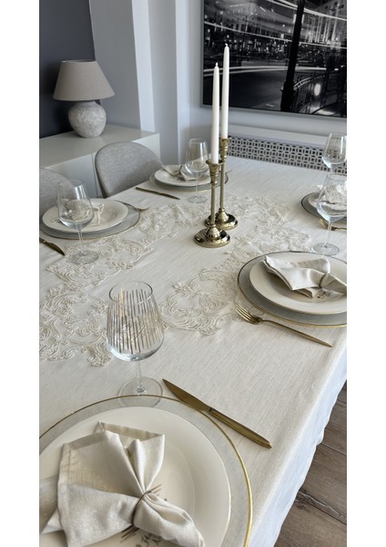 Keten Dokulu Gold Simli Dantel Runner Detaylı Masa Örtüsü (Peçetesiz)