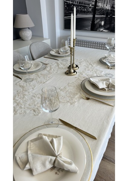 Keten Dokulu Gold Simli Dantel Runner Detaylı Masa Örtüsü (Peçetesiz) fiyatları