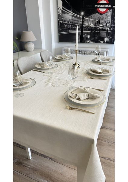 Keten Dokulu Gold Simli Dantel Runner Detaylı Masa Örtüsü (Peçetesiz) fırsatları