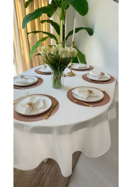 Keten Dokulu Sedefli Simli Beyaz Oval Masa Örtüsü (Peçete Dahil Değil) fiyatları