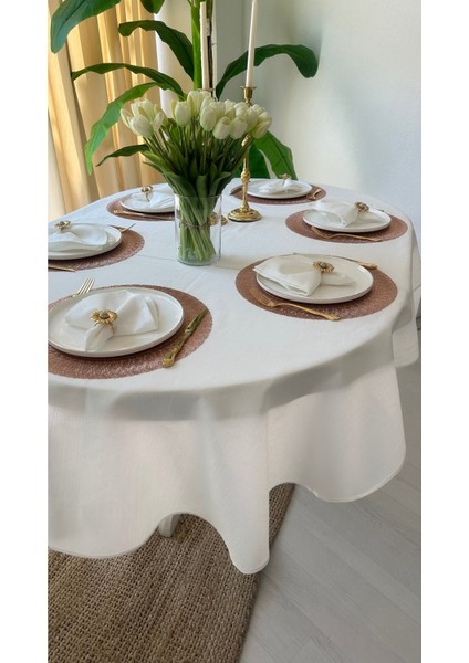 Keten Dokulu Sedefli Simli Beyaz Oval Masa Örtüsü (Peçete Dahil Değil)
