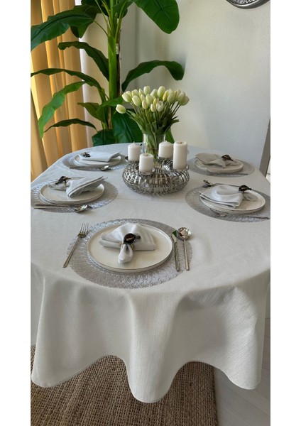 Keten Dokulu Gümüş Simli Oval Masa Örtüsü (Peçete Dahil Değil)