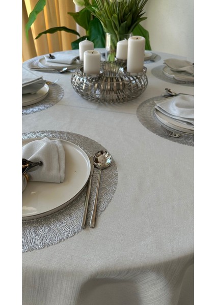 Keten Dokulu Gümüş Simli Oval Masa Örtüsü (Peçete Dahil Değil) modelleri