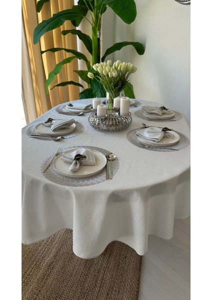 Keten Dokulu Gümüş Simli Oval Masa Örtüsü (Peçete Dahil Değil)