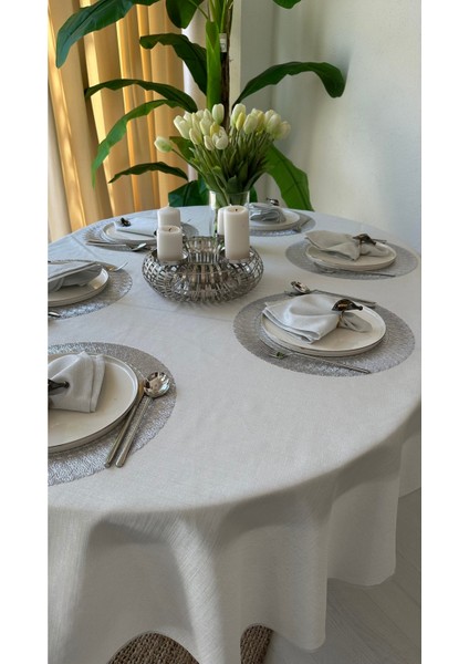 Keten Dokulu Gümüş Simli Oval Masa Örtüsü (Peçete Dahil Değil)